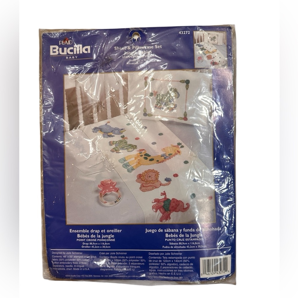 Bucilla Baby Jungle 43272 Crib Sheet & Pillowcase Set Stamped Cross Stitch New